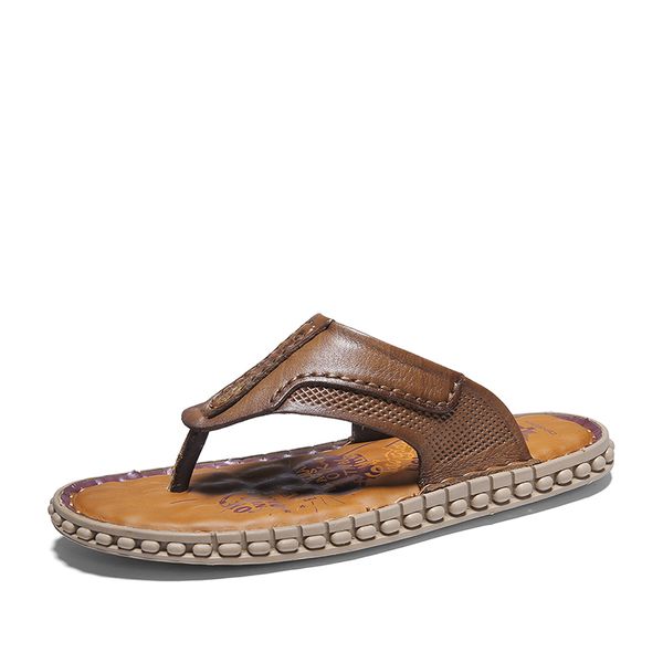 

2020 summer genuine leather men flip flops fashion non-slip beach slippers massage outdoor sandals comfort casual shoes, Black
