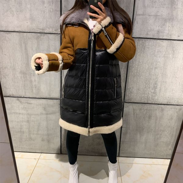 

ladies suede coat women lamb suede leather coat shearling splicated with down, Black
