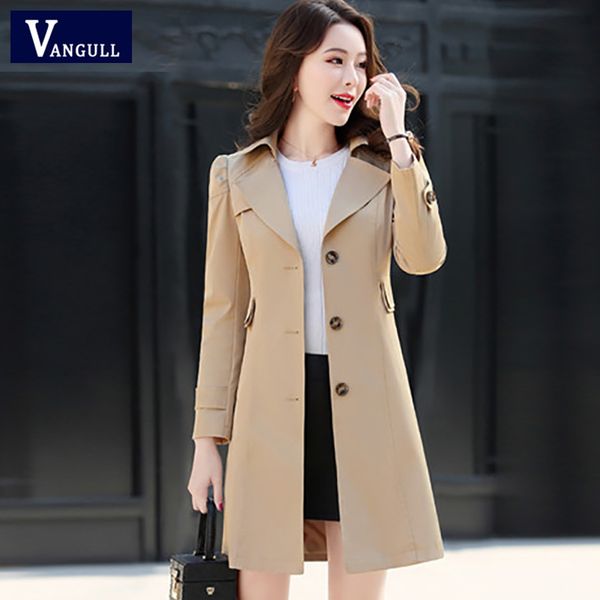 

vangull women classic trench coat 2019 spring autumn new fashion khaki black single breasted solid slim plus size wind coat, Tan;black