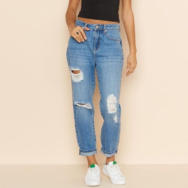 

woman's high waist jeans washing scratched denim jeans female casual hole pocket button zipper new arrival #zer, Blue