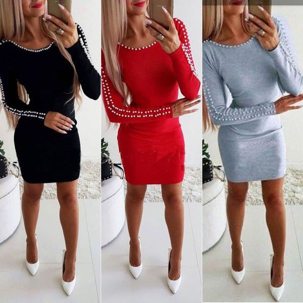 

женская одежда женские платья сексуальные женщины bodycon мини-платье мода с длинным рукавом жемчуг повседневная карандаш короткие платья но, Black;gray