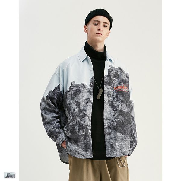 

seveyfan men's arc hem fashion streetwear shirts printed hip hop oversized long sleeve blouse for male r3131, White;black