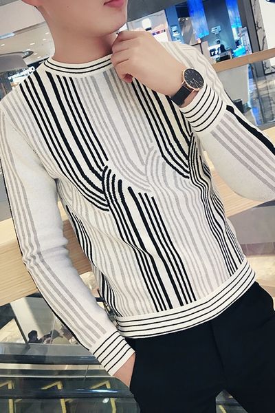

2019 new autumn and winter new round neck pullover striped sweater men's self-cultivation social guy sweater, White;black