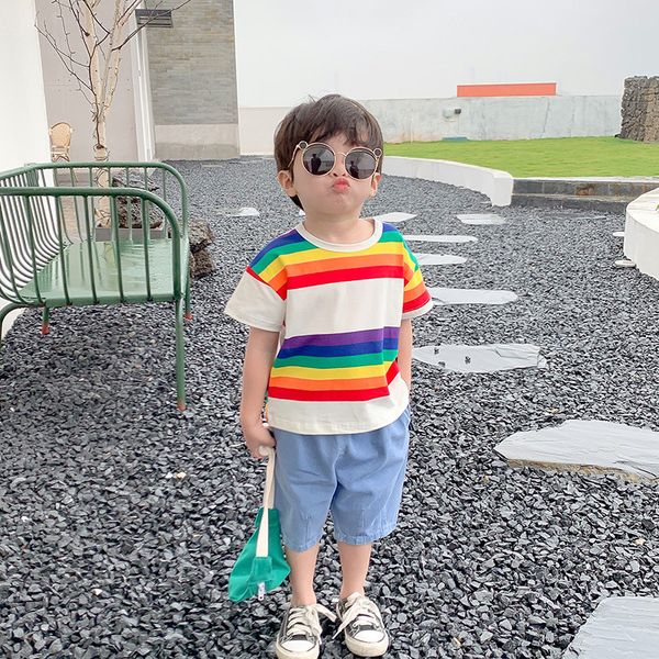 

2020 boys summer t-shirt children color striped round neck short sleeve top, Blue