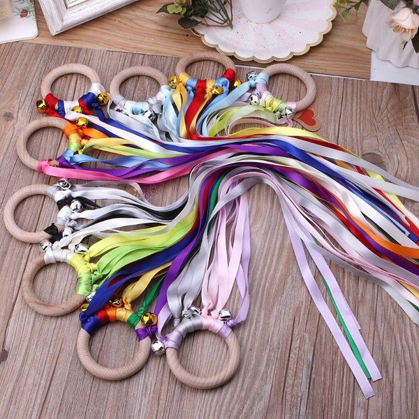 

us stock grid rainbow natural wooden ribbon rattle ring baby teether newborn montessori style sensory toy shower gift 25cm/50cm