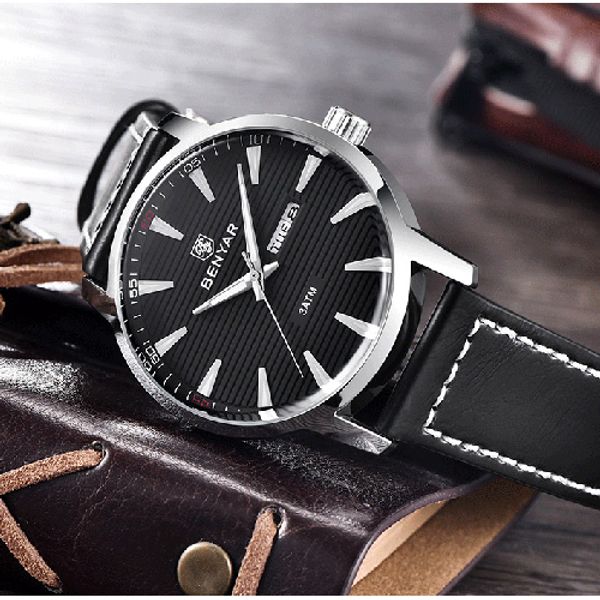 

benyar luxury quartz movement mens ss fashion date watch sports self-wind designed watches wristwatches, Slivery;brown