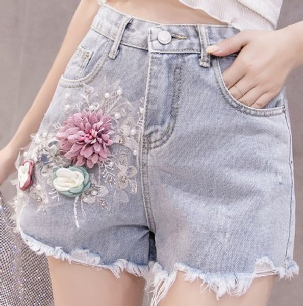 

2019 woman jeans washed white embroidery beaded sequins tassel flowers comfortable loose cotton high waist shorts pants a17, Blue