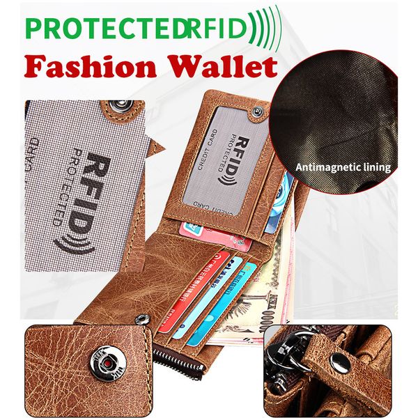 

men genuine leather fold over business wallet rfid blocking zipper purses multi-card holder banknote pockets short cowhide pouches gift, Red;black