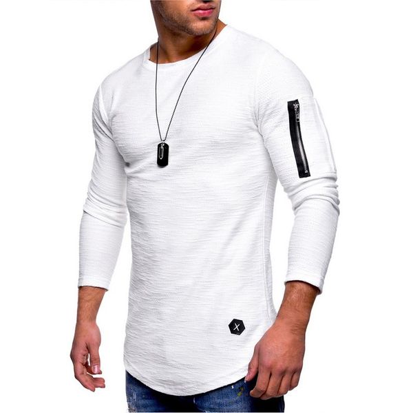 

men new brand zipper t shirt o neck long sleeve t-shirts male streetwear hipster hip hop fashion design clothes, White