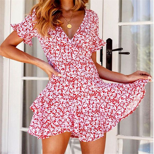 

women boho short mini dress v-neck evening party beach holiday summer dress 2019 new ladies ruffles sundress a-line dresses, Black;gray