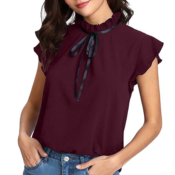 

2019 summer blouse shirt women's casual cap sleeve bow tie solid chiffon blouse blusas mujer de moda female sleeveless, White