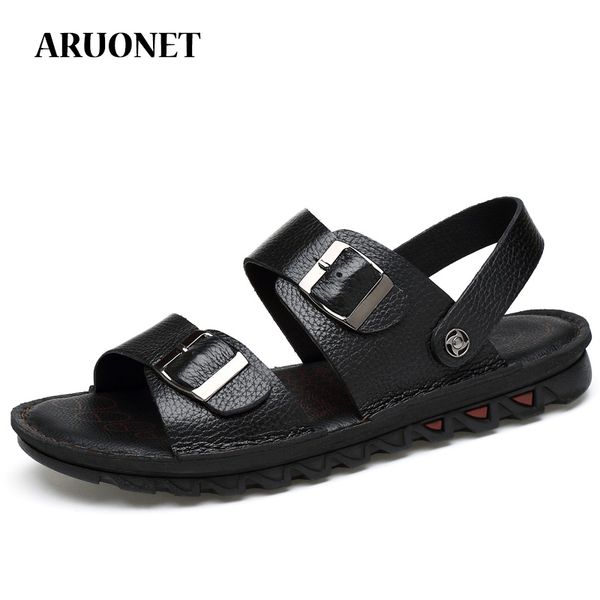 

aruonet new genuine leather men sandals shoes summer leisure concise men's sandals quality slippers big size 37-47, Black