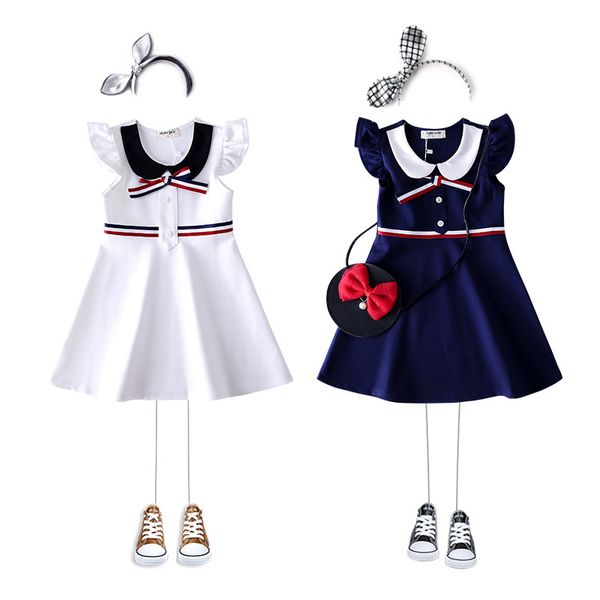 

retail girls dress with bow kids sleeveless vest skirt baby cotton college skirt causual dress childrens boutique clothing, Red;yellow