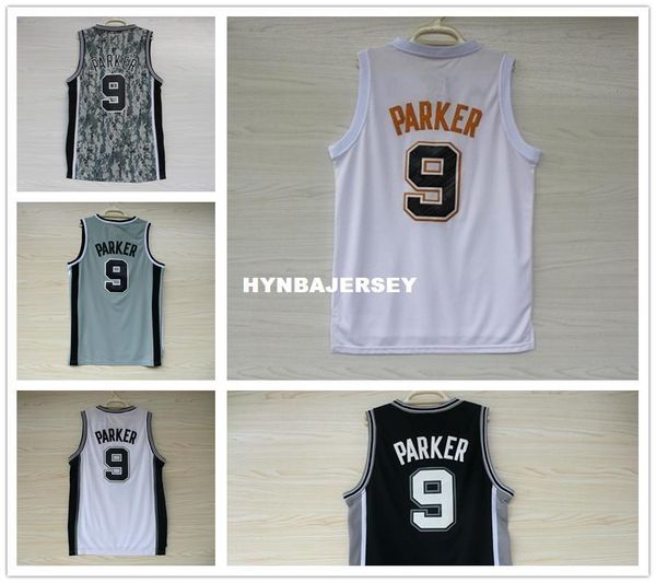 

men's basketball jersey tony parker #9 jerseys embroidery white gray black camouflage sport shirt wholesale ncaa college, Black;blue