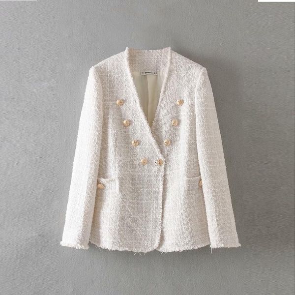 

wt920 spring fashion elegant design v neck buttons deco long sleeve soft twill blazer tweed blazers outwear, White;black