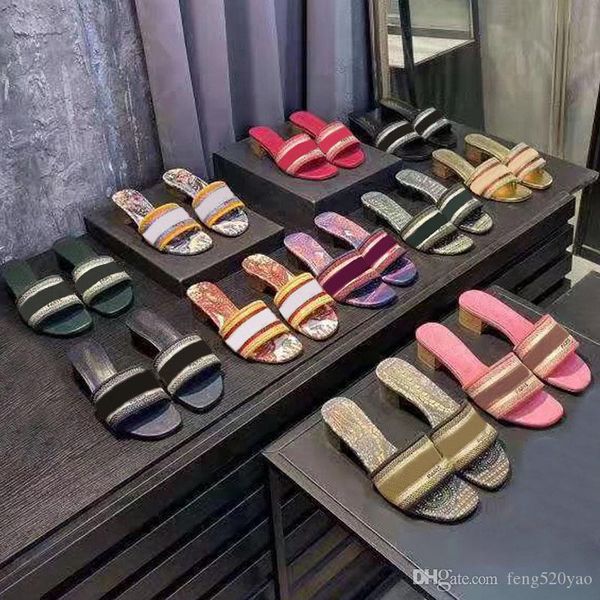 

fashion medium heel slippers summer luxury woman beach alphabet slippers designer rough sandals knitted cloth embroidery woman shoes 35-42, Black