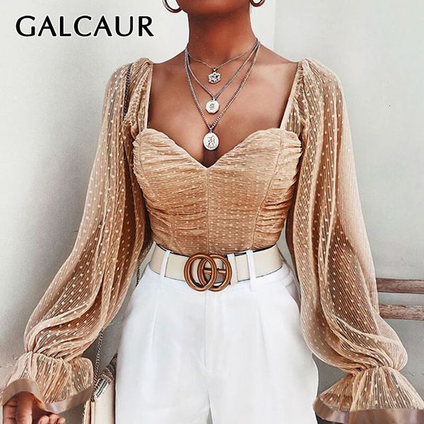 

galcaur patchwork mesh dot ruched female t-shirts v neck flare sleeve slim large size slim shirt womens clothes 2020 fashion new, White