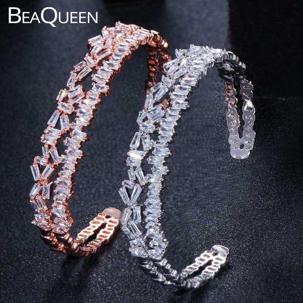 

beaqueen luxury rose gold color cubic zirconia open cuff thick baguette bracelets bangles for women men jewelry b001, Black