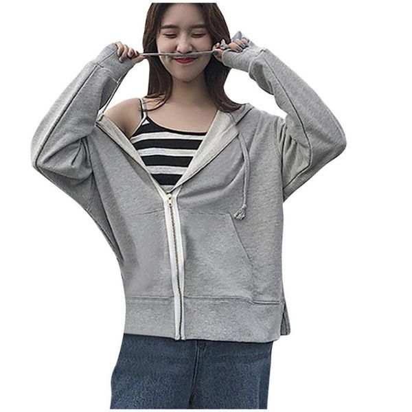 

lady loose hooded jacket outwear women cardigan zipper long sleeve loose sport coat outdoor autumn casual jacket clothing, Black;red