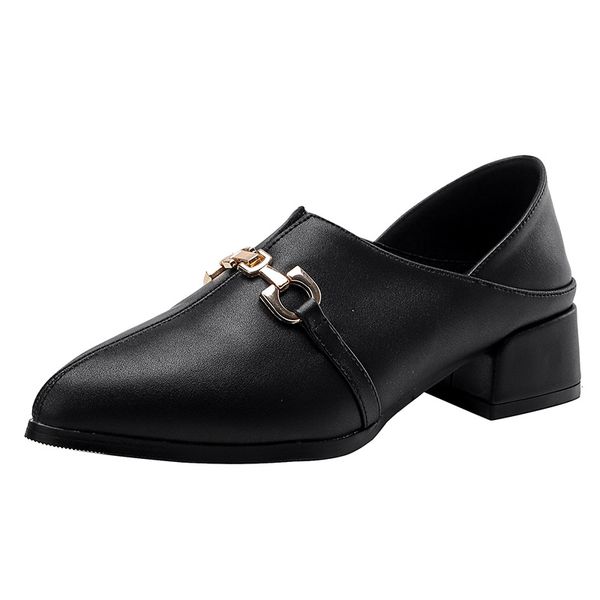 

2020 new women flats leather casual shoes tide fashion pointed toe metal chain comfortable women's shoes high quality, Black