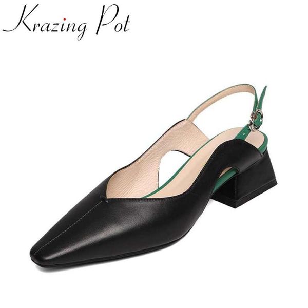 

krazing pot new genuine leather mixed color shoes women small square toe high heels office lady buckle straps summer sandals l33, Black