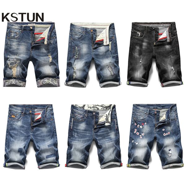 

kstun men jeans shorts ripped stretch slim straight trendy denim short streetwear hiphop distressed frayed male biker moto jeans, Blue