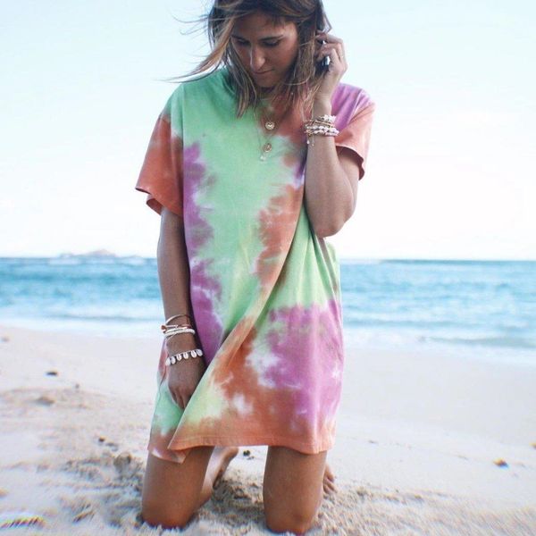 

women summer new fashion tie dye print casual short sleeve loose a-line mini dress beach club party, Black;gray