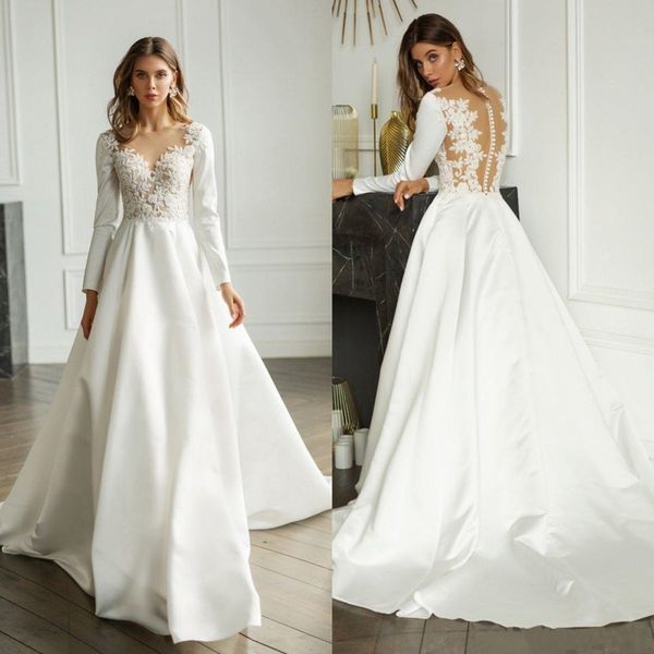 Georges Hobeika Böhmische Brautkleider mit langen Ärmeln, Spitzenapplikationen, Boho-Brautkleider 2020, Knopfleiste hinten, Sweep-Zug, A-Linie-Hochzeitskleid