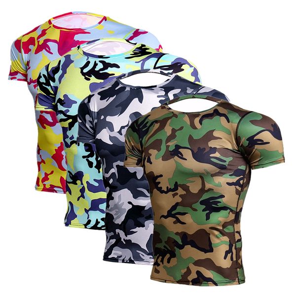 

summer new camouflage men compression short sleeve t-shirt quick dry gym running fitness sport t shirt cycling clothing, Black;blue