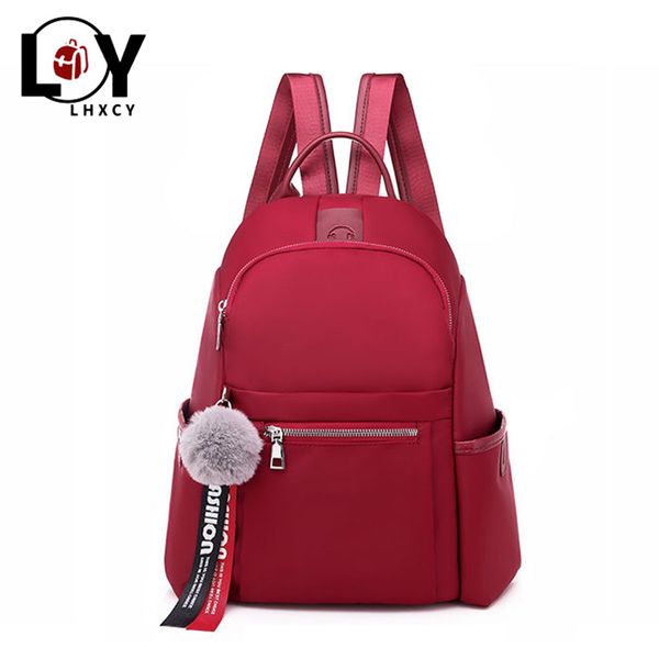 

plush ball decoration hit color oxford textile anti-theft travel bags waterproof woman backpacks high capacity bags