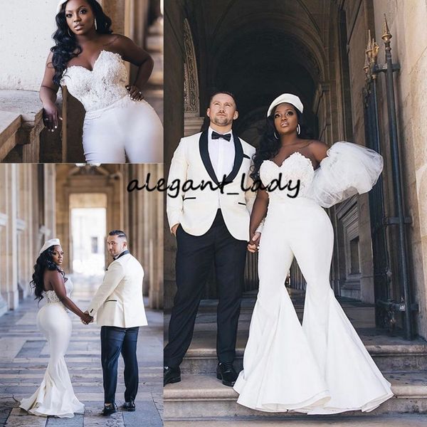

plus size african wedding jumpsuit gown 2020 sweetheart lace corset outdoor bride reception dress with pant suit, White