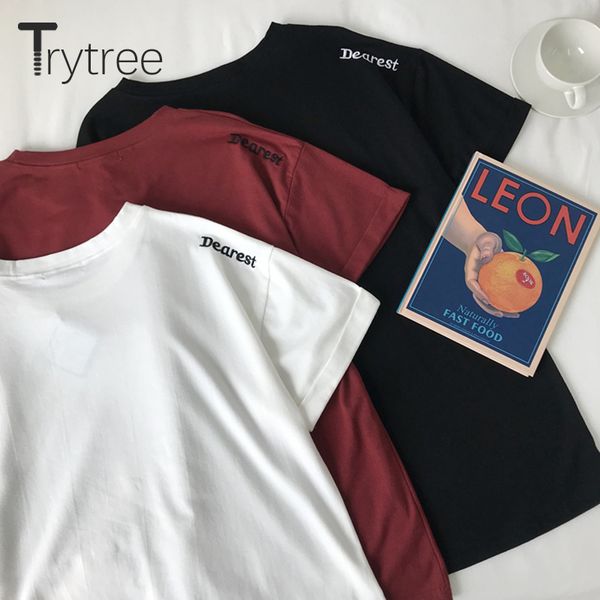 

trytree summer casual women solid t-shirt female o-neck back letter embroidery cuffed sleeve tshirt loose women dropshipping, White