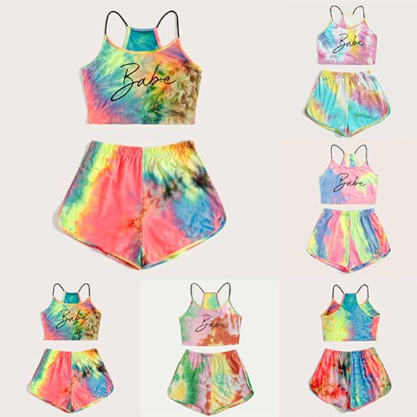 

shorts tie-dye rainbow 2 piece set letter tracksuit gradient women, White