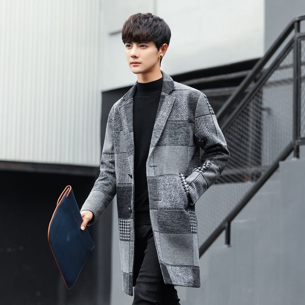 

men's wool & blends style plaid man korean woolen coat men outwear 2021 autumn&winter mens jackets and coats casaco masculino kj269, Black