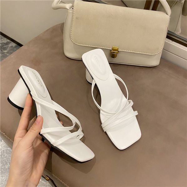 

rubber flip flops slippers women summer shoes woman 2020 med pantofle square heel cross-tied heeled mules hawaiian new block, Black