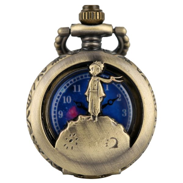 

fashion bronze pocket necklace chain watch men little prince pattern hollow-out small dial fob watches women pendant clock, Slivery;golden