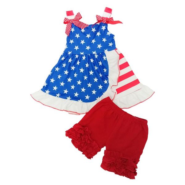 

girls ready to ship 4th of july festival flag 2pcs casual dresses red ruffles shorts fashion outfits with bow kids clothing, White