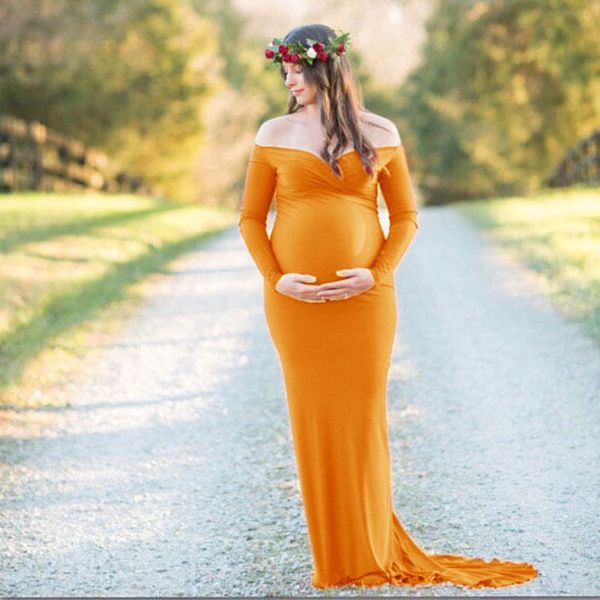 

maxi maternity dress for p shoot pregnant women mermaid long sleeve baby shower dress v-neck fitted pregnancy dress, White