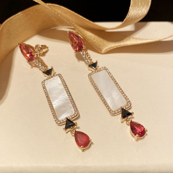 

trendy red cz and white shell long drop earring for women, Silver