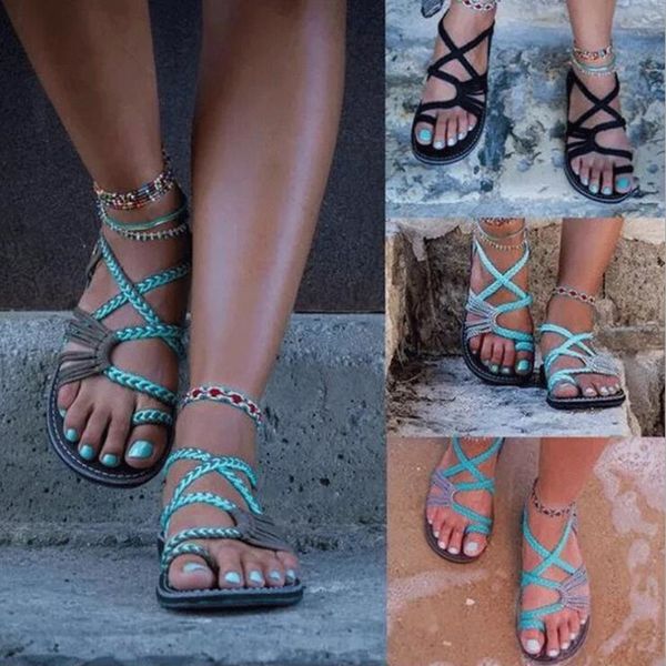 

women's sandals large size women's sandals rope knot summer europe the united states beach toe flat shoes, Black