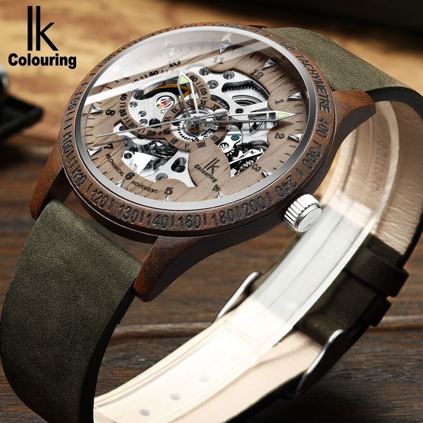 

ik colouring men watch fashion casual wooden case crazy horse leather strap wood watch skeleton auto mechanical male relogio y200414, Slivery;brown