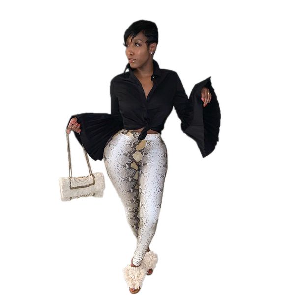 

мода женская блузка сплошной цвет лацкан дышащий одной кнопки раффлед рог с длинным рукавом рубашки nb-1299, White