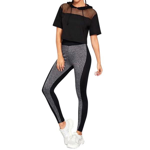 

fashion womens perspective mesh drawstring hooded short sleeve splice pants set calzas deportivas mujer fitness #d, Black;blue