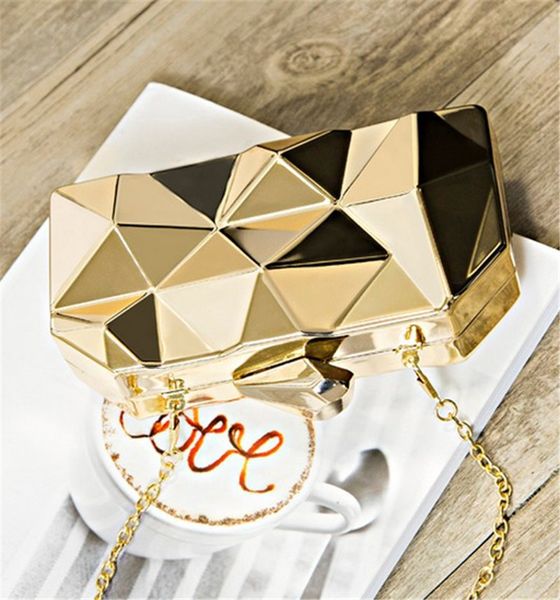 Geometrische kleine Cross-Body-PU-Geldbörse für Damen, modische Clutch, Abendtaschen, silberne goldene Hochzeitshandtasche mit langer metallischer Kette234H