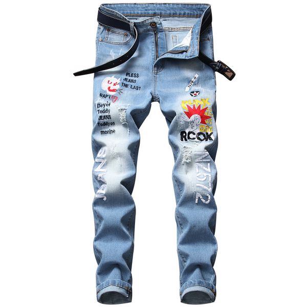 

men's jeans hip hop rock jeans high street fashion embroidered designer stretch streetwear distressed denim trousers male, Blue
