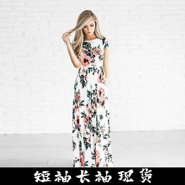 

short-sleeved long skirt printed dress, Black;gray