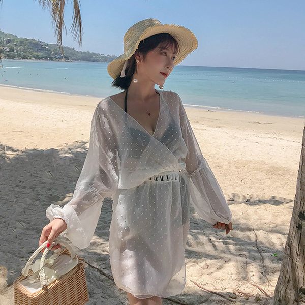 

long sleeve bikini cover up beach women white summer beach dress bandage bathing suit coverups robe plage female vocation dress, Blue;gray