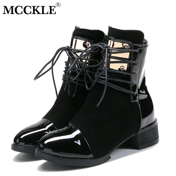 

mcckle women flock lace up short plush ankle boots woman patent leather fashion female zipper low heels short boots ladies shoes, Black