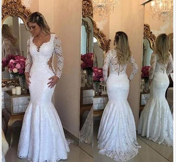

cut waist mermaid wedding dresses v neck long sleeves lace applique beaded ruched country wedding bridal gowns custom made, White
