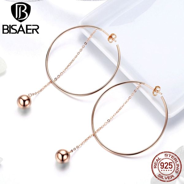 

bisaer hyperbole 925 sterling silver big round circle rose gold color simple line drop earrings women 925 silver jewelry ece569